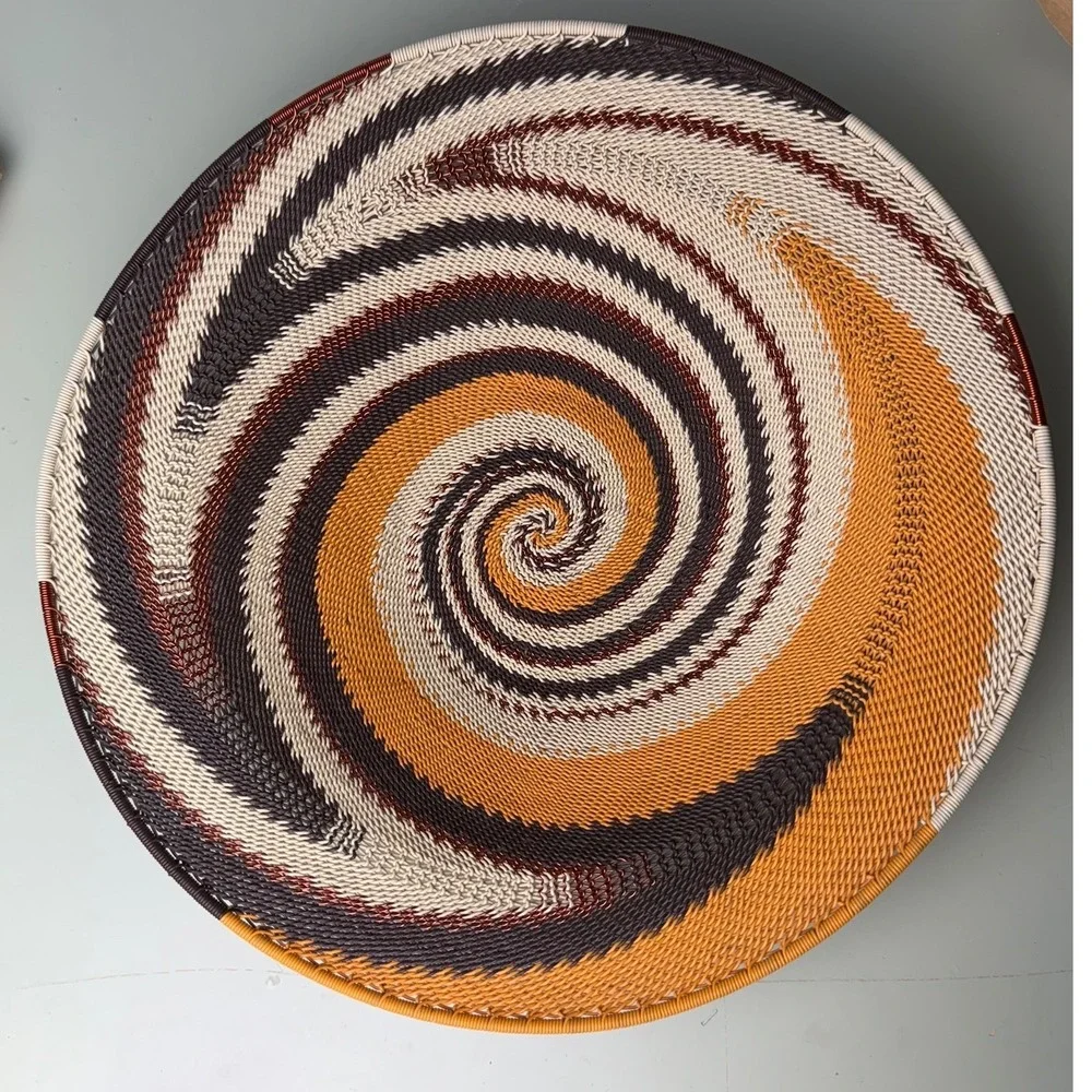 Zulu Telephone Wire Basket Handwoven South African Spiral Wall Decor Copper Brn